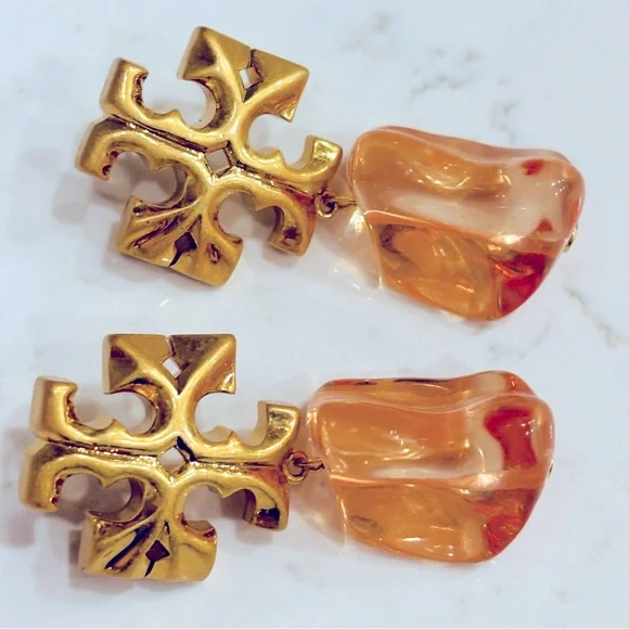 Tory Burch ROXANNE gold logo + orange ice cube drop & dangle statement earrings - Picture 4 of 12